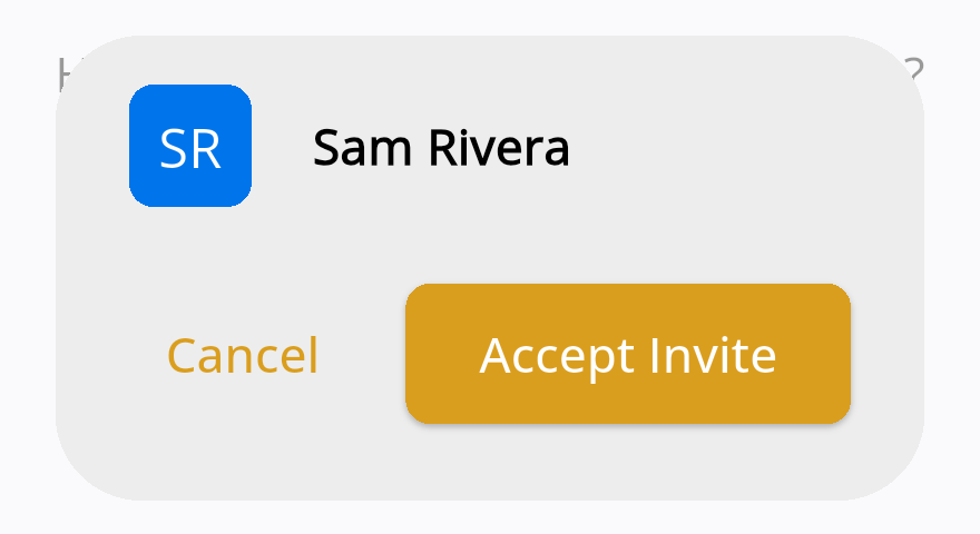 A card showing the coach's name with Cancel and Accept Invite buttons.